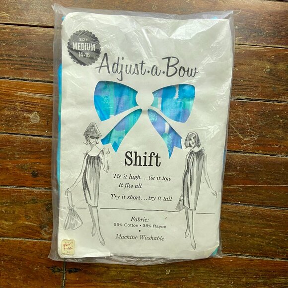 Vintage NEW In Bag 60s Adjust-a-Bow Mod Abstract Shift Dress M 14 16 Disposable - Picture 1 of 3